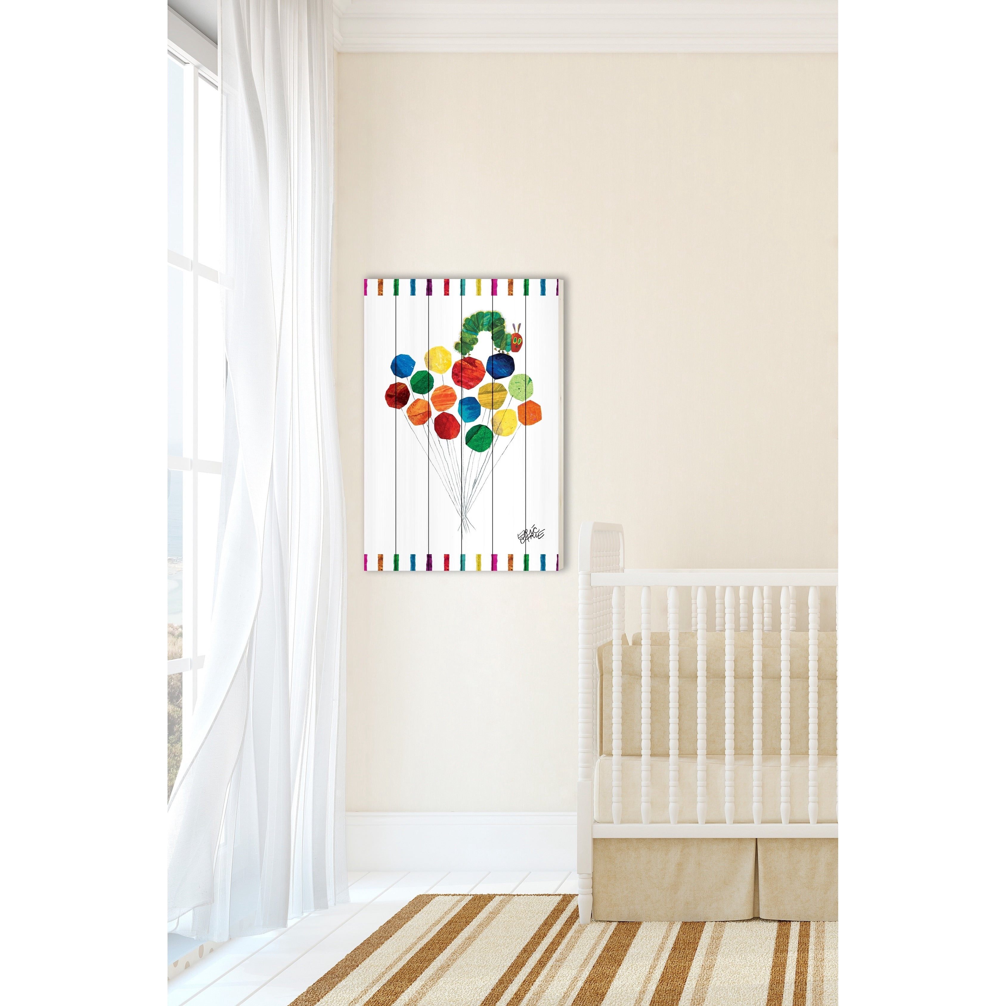 Eric Carle Caterpillar on Balloons Art Print on White Pine Wood