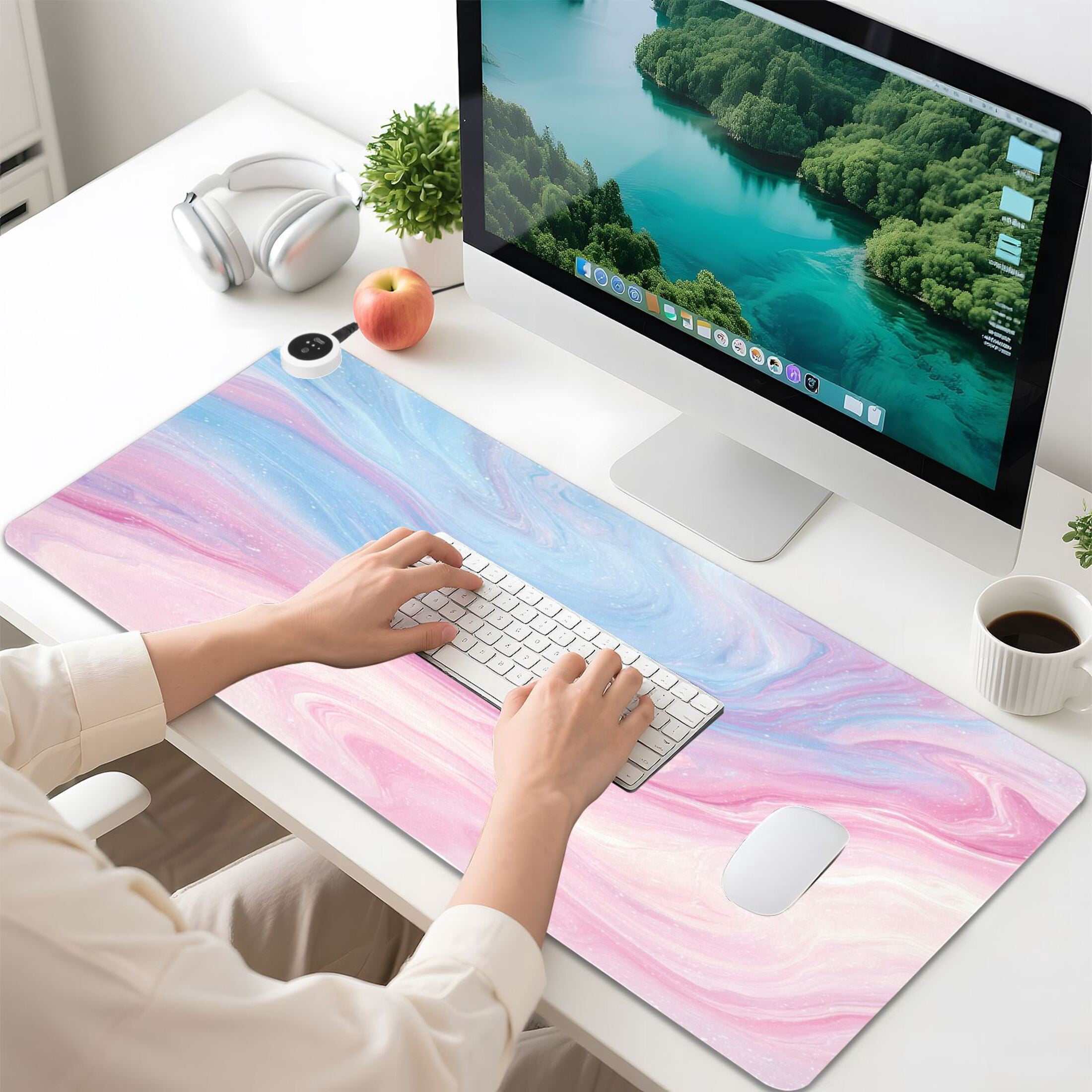 Large Heated Desk Mat Mouse Pad 31.5"x13"PU Leather Graphene Heating Desk Warmer with 3 Temperature Settings 110V US Plug Non-Slip Warm Pad for Home, Office, and Gaming Dreamy Swirl Galaxy Print
