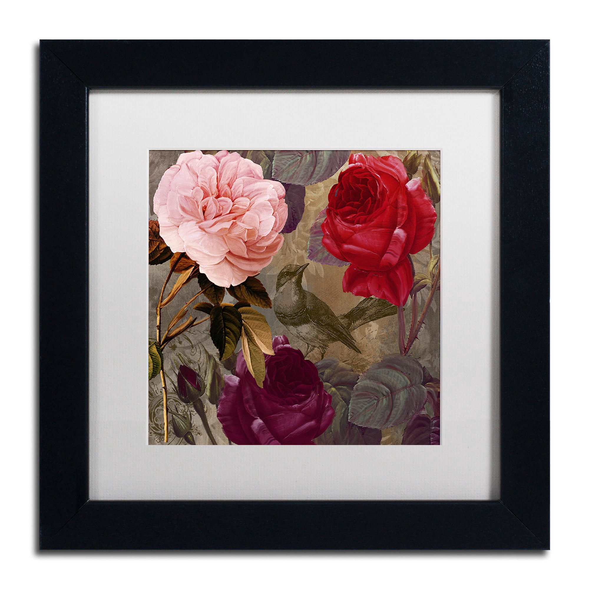 Trademark Fine Art "Birds and Roses" Canvas Art by Color Bakery White Matte, Black Frame