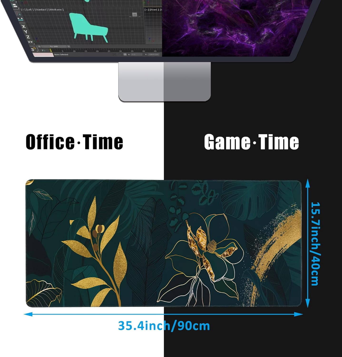 Luxury Green Summer Desk Mat,Large Gaming Mouse Pad,Non-Slip Rubber Base Desk Pad with Stitched Edges for Desk Office Home Decor 35.4X15.7 Inch