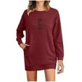 thumbnail image 2 of COSFO Solid Womens Dresses Fall Crew Neck Red Casual Long Sleeve Mini Dresses Loose Waffle Knit Sweater with Pockets Dresses, 2 of 6