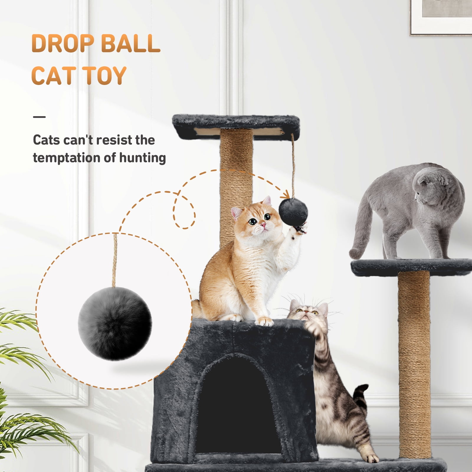 ZephyPaws 54in Large Multi-Level Cat Tree,Tall with Sisal Scratching Posts,Perch,Condo for Large Adult Cats,Gray