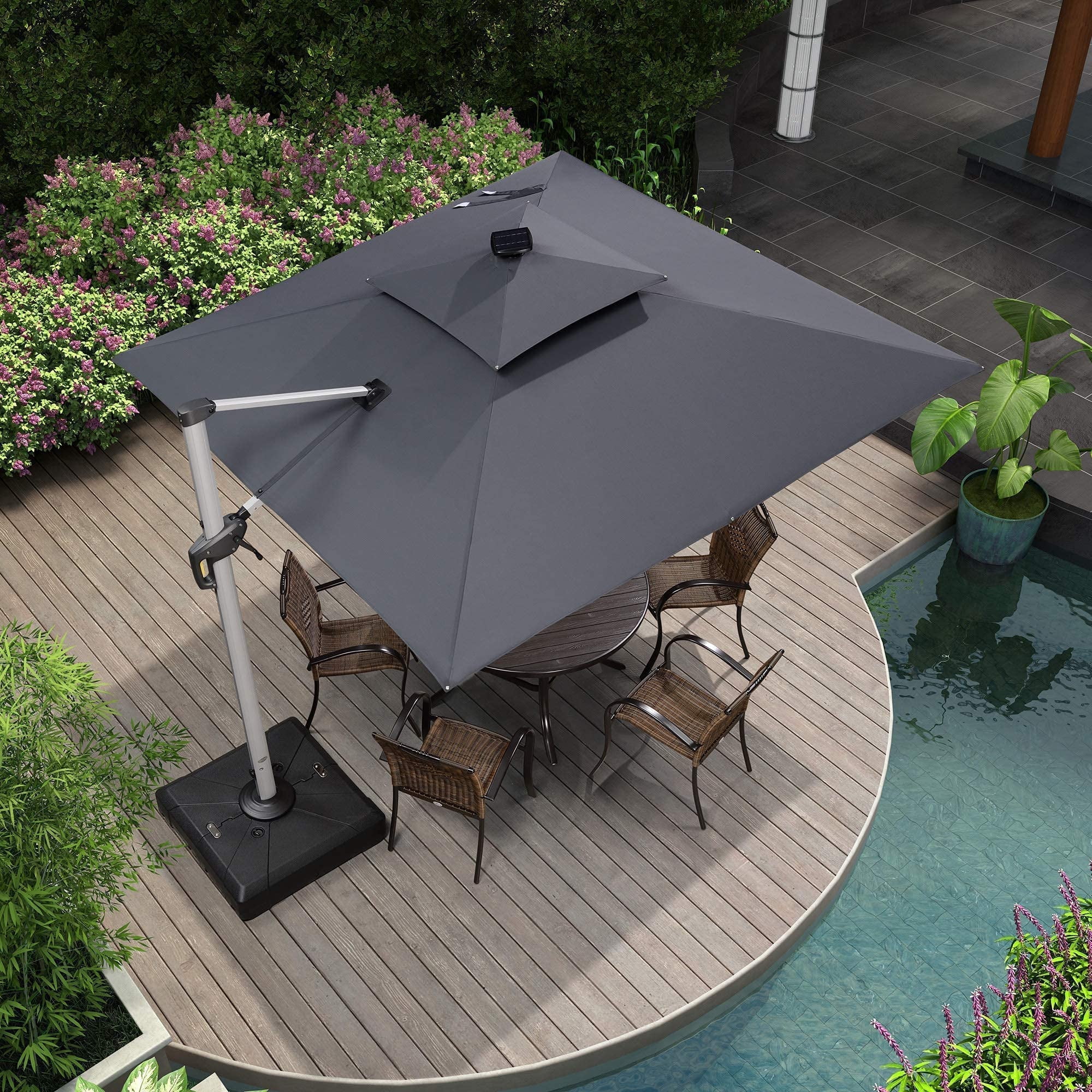 PURPLE LEAF 9 Feet Square Double Top Deluxe Solar Powered LED Patio Umbrella Outdoor Cantilever Umbrella, Gray