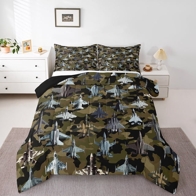 Erosebridal Ensemble de Literie Camouflage Avion Très Grand pour Enfants, Couette Avion 3D, Réversible, 3 Pcs