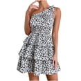 thumbnail image 1 of Vestido de verano para mujer, con lazo, un hombro, bohemio, floral, cintura elástica, con volantes escalonados, línea A, minivestidos fluidos Fridja  hjkh4449, 1 of 8