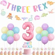 Dinosaur 3rd Birthday Decorations for Girls, Three Rex Banner Garland Cake Topper Cupcake Picks Number 3 Foil Balloon for Watercolor Dinosaur Theme Birthday Party Supplies
