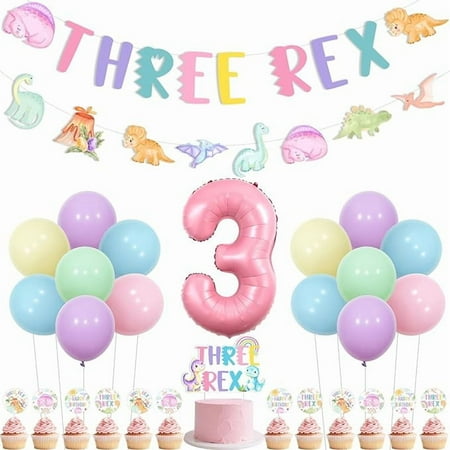 Dinosaur 3rd Birthday Decorations for Girls, Three Rex Banner Garland Cake Topper Cupcake Picks Number 3 Foil Balloon for Watercolor Dinosaur Theme Birthday Party Supplies