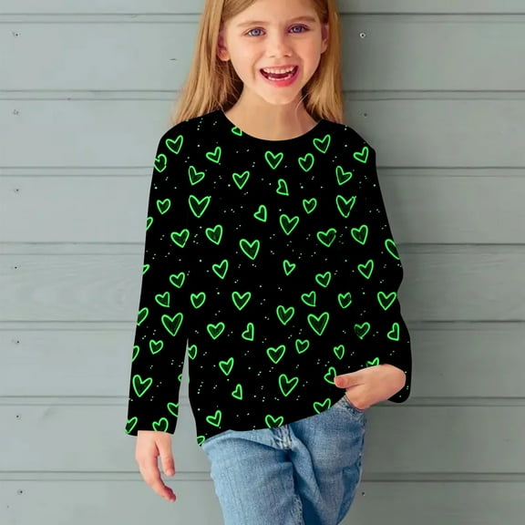 Spazoro Child Girls St. Patrick's Shirts Tee, Crew Neck Long Sleeve Casual Heart Print Pullover Tops for Kids Girls Green Size 4 T