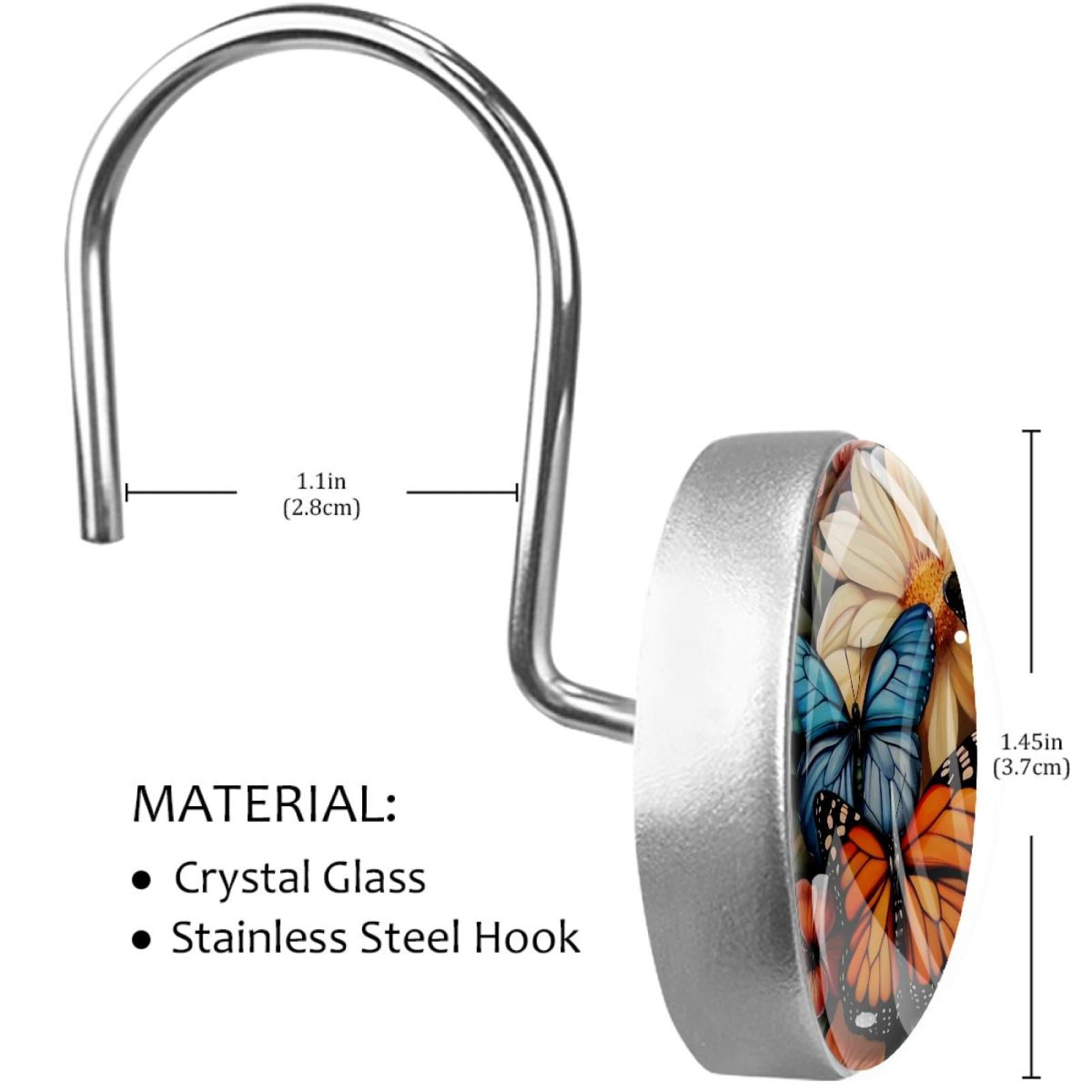 Lily Daisy Flowers Butterfly Shower Curtain Hooks Round Crystal Glass, Set of 12 Shower Curtain Rings - Shower Hooks for Curtain Shower Rings