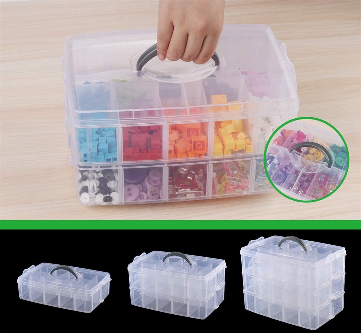 Casewin 3 Tier Small Stackable Storage Container Box with Handle, Plastic  Craft Organizer Case with 18 Adjustable Compartments for Tapes, Art