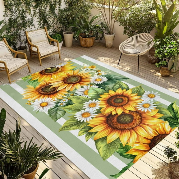 Fsddascl Sunflower Outdoor Rug for Patio/Deck/Porch, Non-Slip Large Area Rug 4 x 6 Ft, Yellow Summer Flower Sage Green Stripe Indoor Outdoor Rugs Washable Area Rugs, Reversible Camping Rug Carpet
