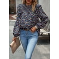 thumbnail image 3 of Floral Print Ruffle Shirred Neck Long Sleeve Blouse for Women Navy X-Large, 3 of 5
