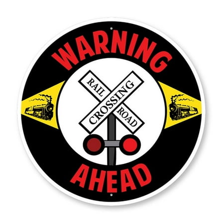 Warning Ahead Railroad Crossing Aluminum Metal Decor Sign - 12" Round