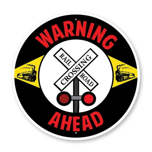 Warning Ahead Railroad Crossing Aluminum Metal Decor Sign - 12" Round
