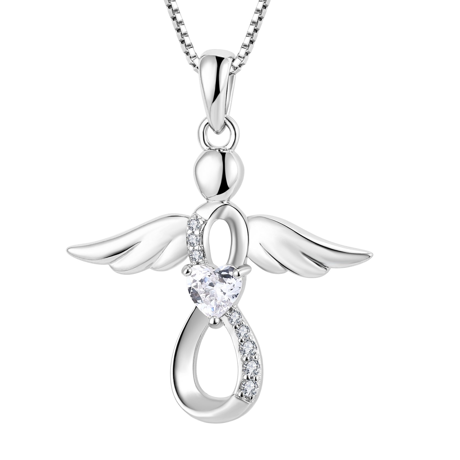 FJ Guardian Angel Necklace for Women 925 Sterling Silver Cubic Zirconia Infinity Pendant April Birthstone Jewelry Gifts for Mom Wife Daughter