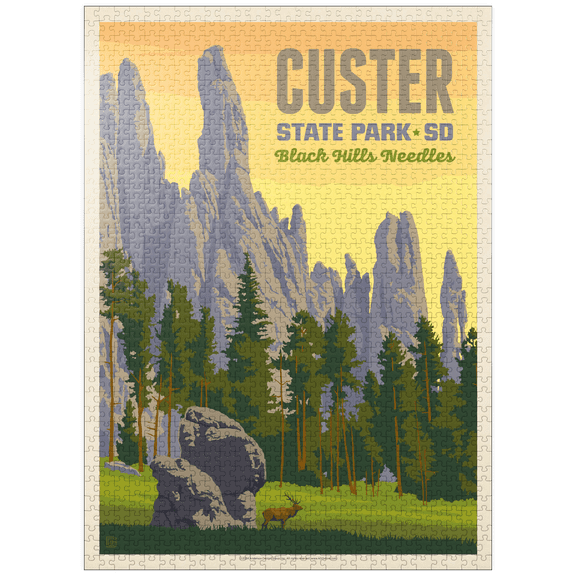 MyPuzzle - Custer State Park, South Dakota, Vintage Poster - Premium 1000 Piece Jigsaw Puzzle for Adults