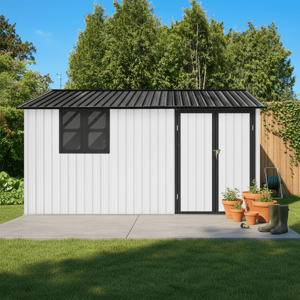 Mintazer 12×10 Ft All-Weather Metal Outdoor Storage Shed, Large Garden Tool Storage Building with Window for Backyard Lawn Patio, Beige & White
