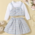 thumbnail image 2 of Odeerbi Toddler Girls Fall Winter Outfits Plaid Rib Knit Skirt Set College Style Solid Color V-neck Top Pleated Skirt Set Toddler Clothes Light Blue, 2 of 7