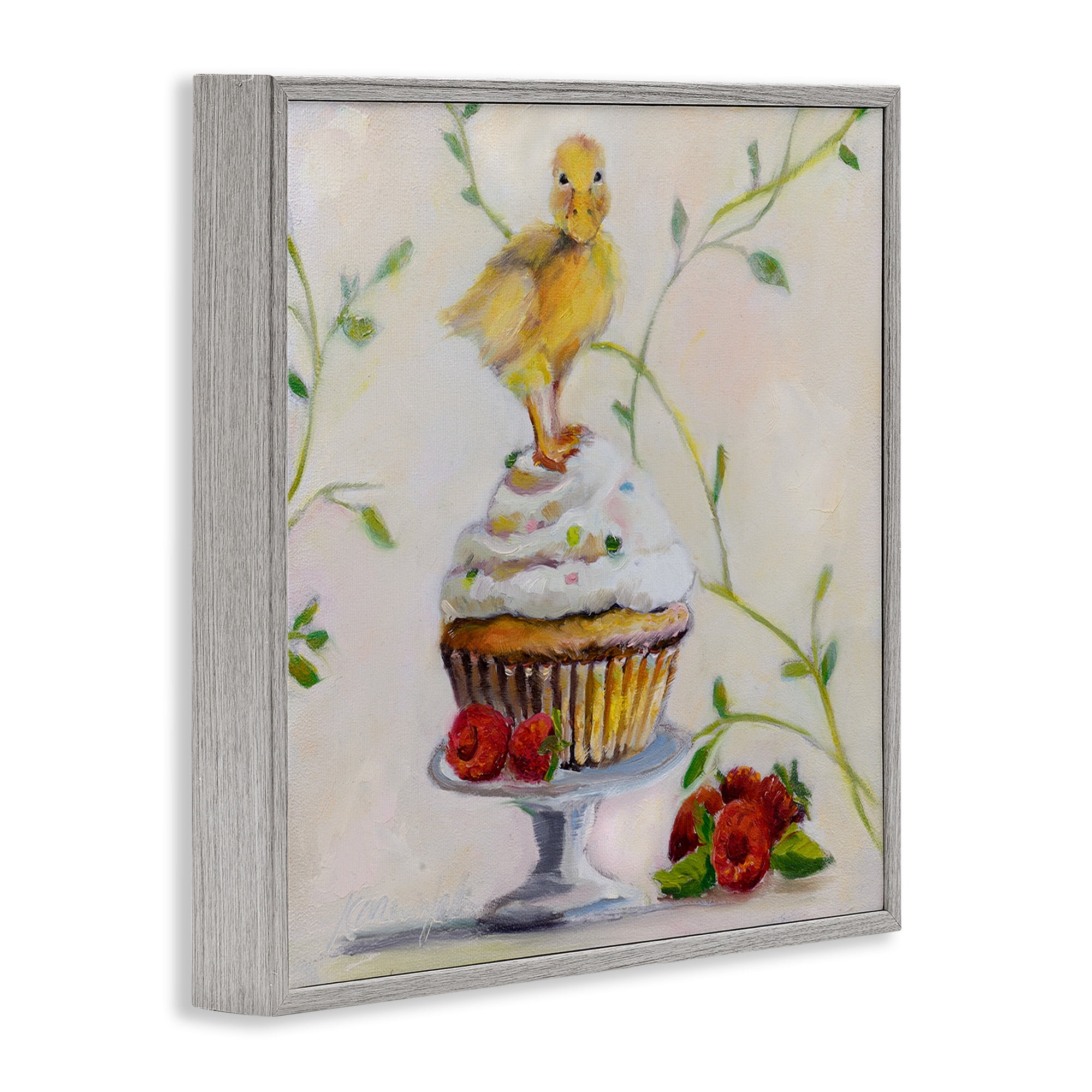 Stupell Industries Baby Duck on Raspberry Cupcake Animals & Insects Painting Gray Framed Art Print Wall Art, 24 x 24