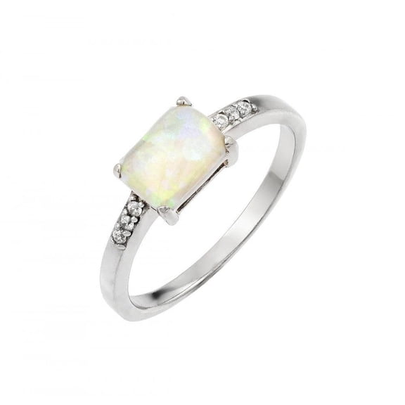 Sterling Silver 925 Rhodium Plated Baguette Simulated Opal Ring White CZ Jewelry Female Size 5