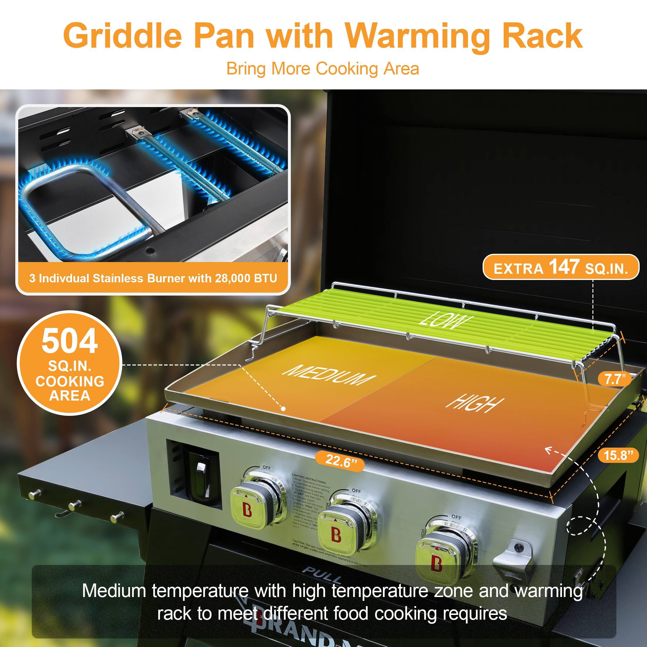 Brand Man 3-Burner Propane Gas Griddle Grill with High Lid, 504 Sq.In Flat Top Grill with Rolling Cart for Outdoor BBQ