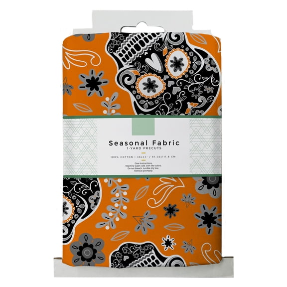 David Textiles, Inc. 44" x 1 Yard 100% Cotton Halloween Skulls Precut Sewing & Craft Fabric, Orange
