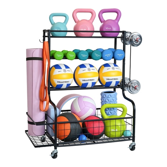 Mythinglogic Multi-Tier Home Gym Storage Rack with Wheels, Organizer for Dumbbells, Kettlebells, Yoga Mats and Balls