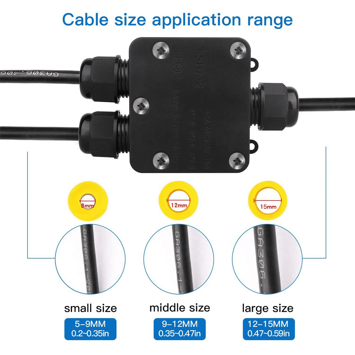6x Waterproof Junction Box IP68 Outdoor Gland Electrical Junction Box with 3 Cable Connector for 4-15 mm Diameter Cable
