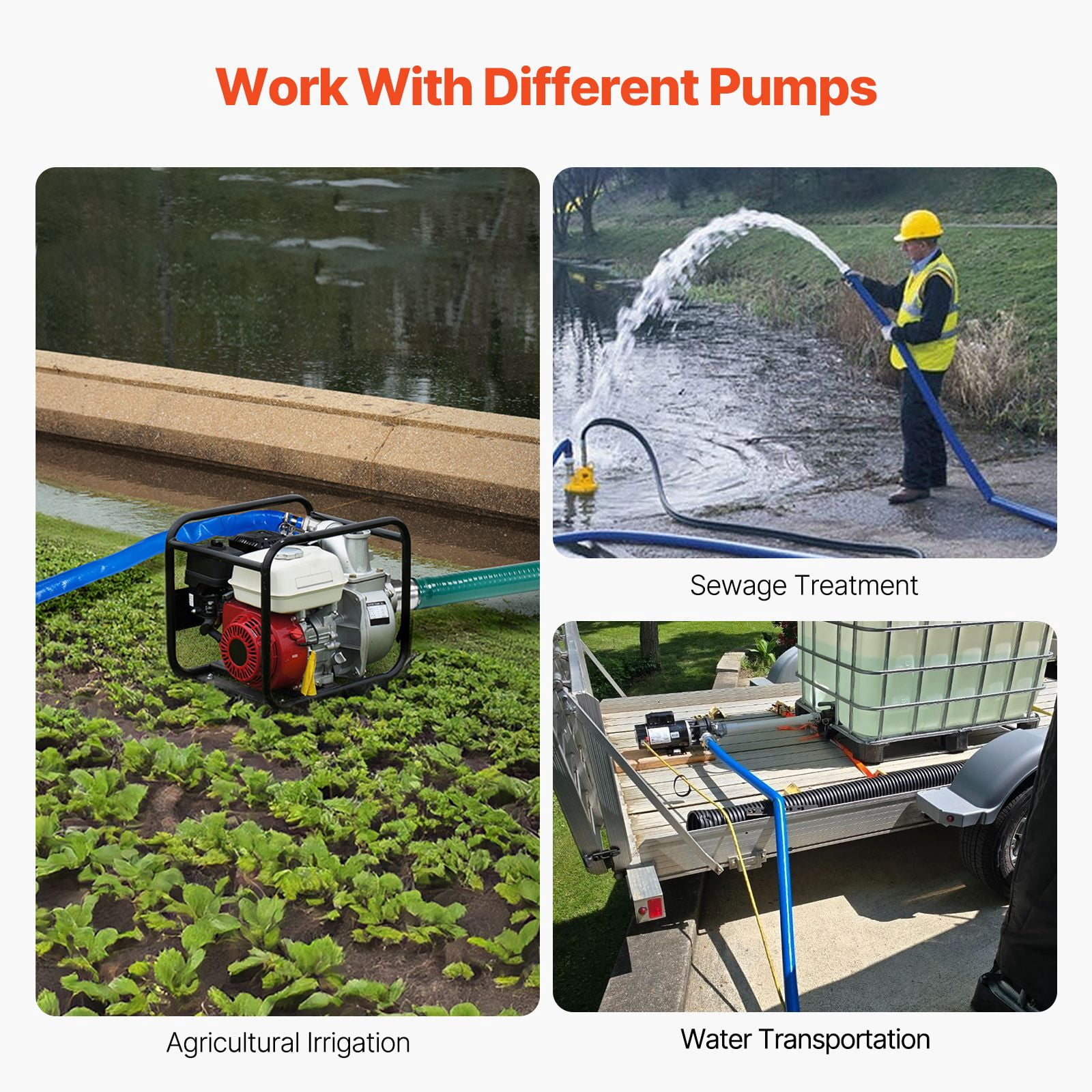 Backwash Hose, 2 in x 100 ft, PVC Hose, with Clamps, Camlock, Aluminum Fittings, Fit Various Pumps, for Sewage Treatment, Water Transportation and More Agricultural Purposes