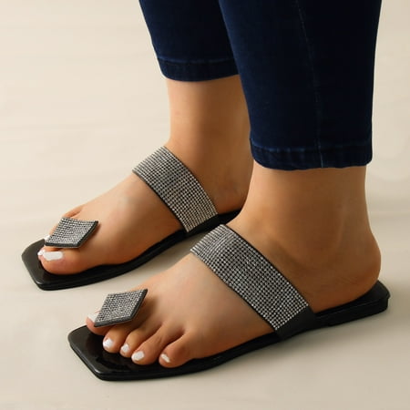 

Daznico Slippers for Women Summer Women Slippers Rhinestone Thong Flat Comfort Casual Style Black 8.5