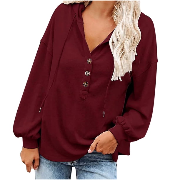 Mujeres Otoño Invierno Casual Botón sólido Cordón Sudadera con capucha Tops Fridja hj4919