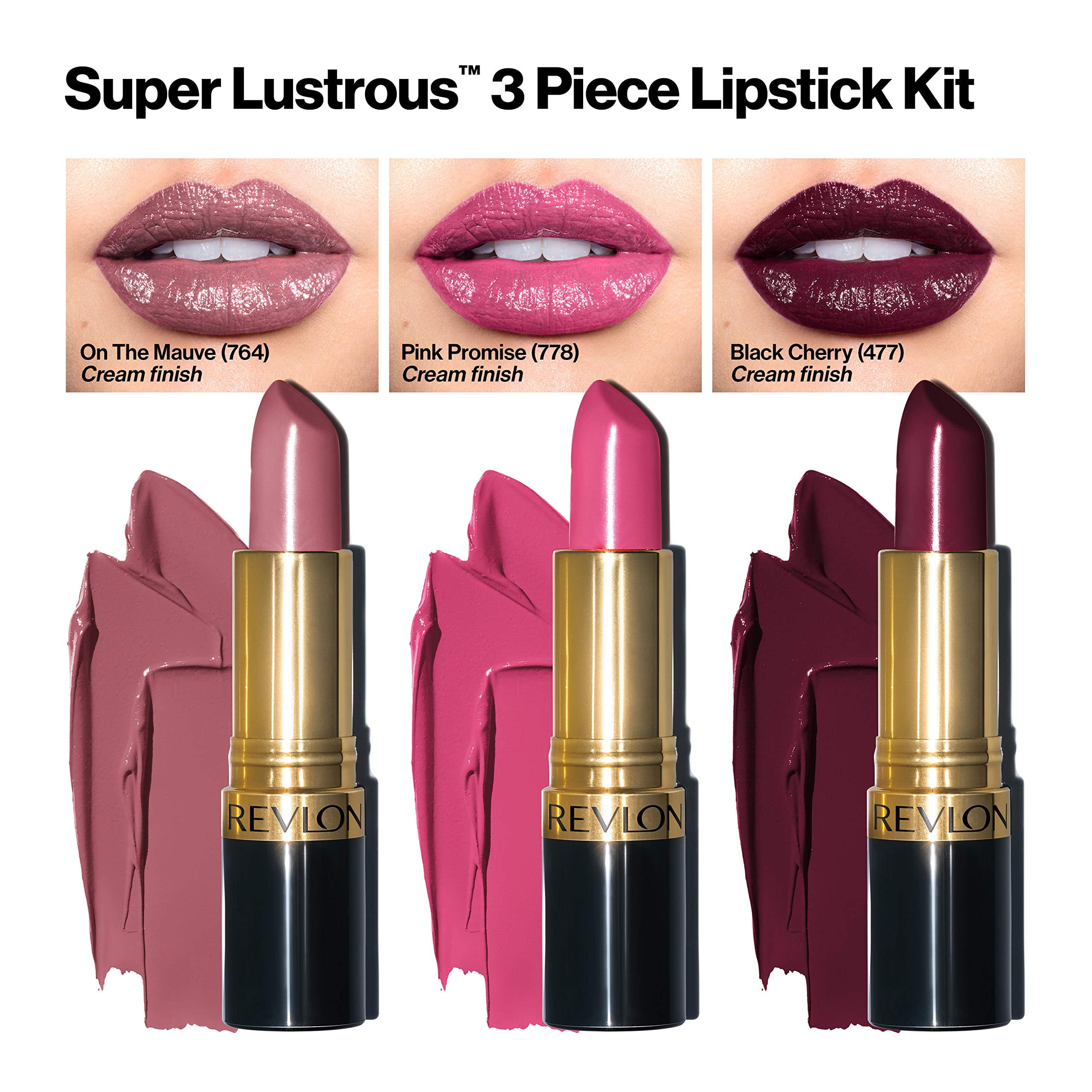 Revlon Super Lustrous High Impact & Moisturizing Cream Finish Lipstick Gift Set, On The Mauve, Pink Promise, Black Cherry, Pack of 3