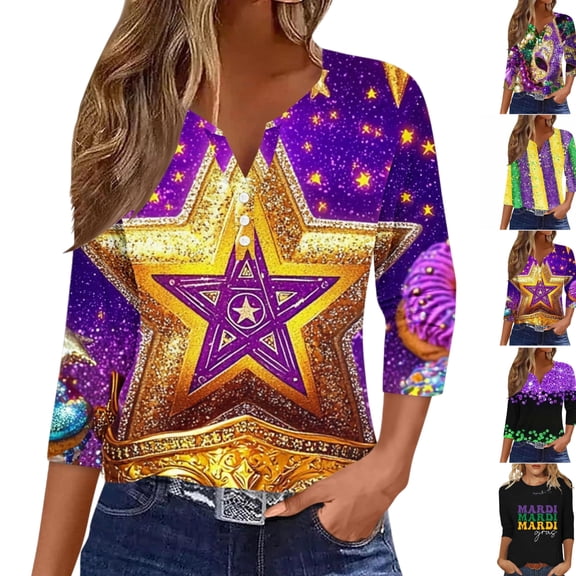 Gamivast Mardi Gras Shirts for Women Letter Graphic 3/4 Sleeve Carnival Blouses Carnival Party Crew Neck Tunic Tshirt Happy Mardi Gras Day Outfits
