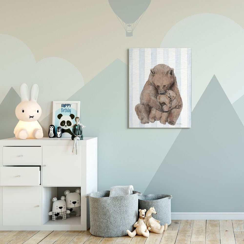 Stupell Industries Charming Family Bear and Baby Cub Blue Stripe Nursery Illustration Canvas Wall Art Design by Daphne Polselli, 30" x 40"