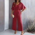 thumbnail image 5 of Women'S Summer Casual Jumpsuit Short Sleeve Romper V Neck Wide Leg Pants With Pockets 2024 Wine L, 5 of 6