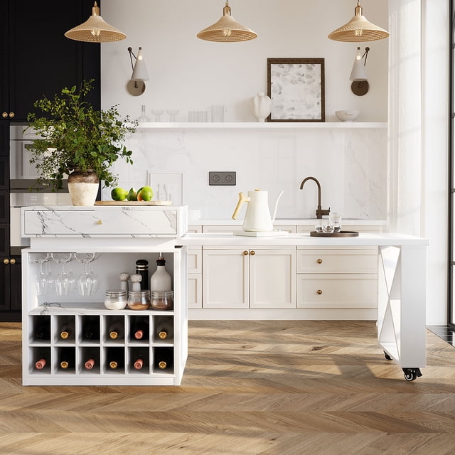Noble House Modern Imitation Marble Counter Height Table,Extendable Kitchen Island Cart,White