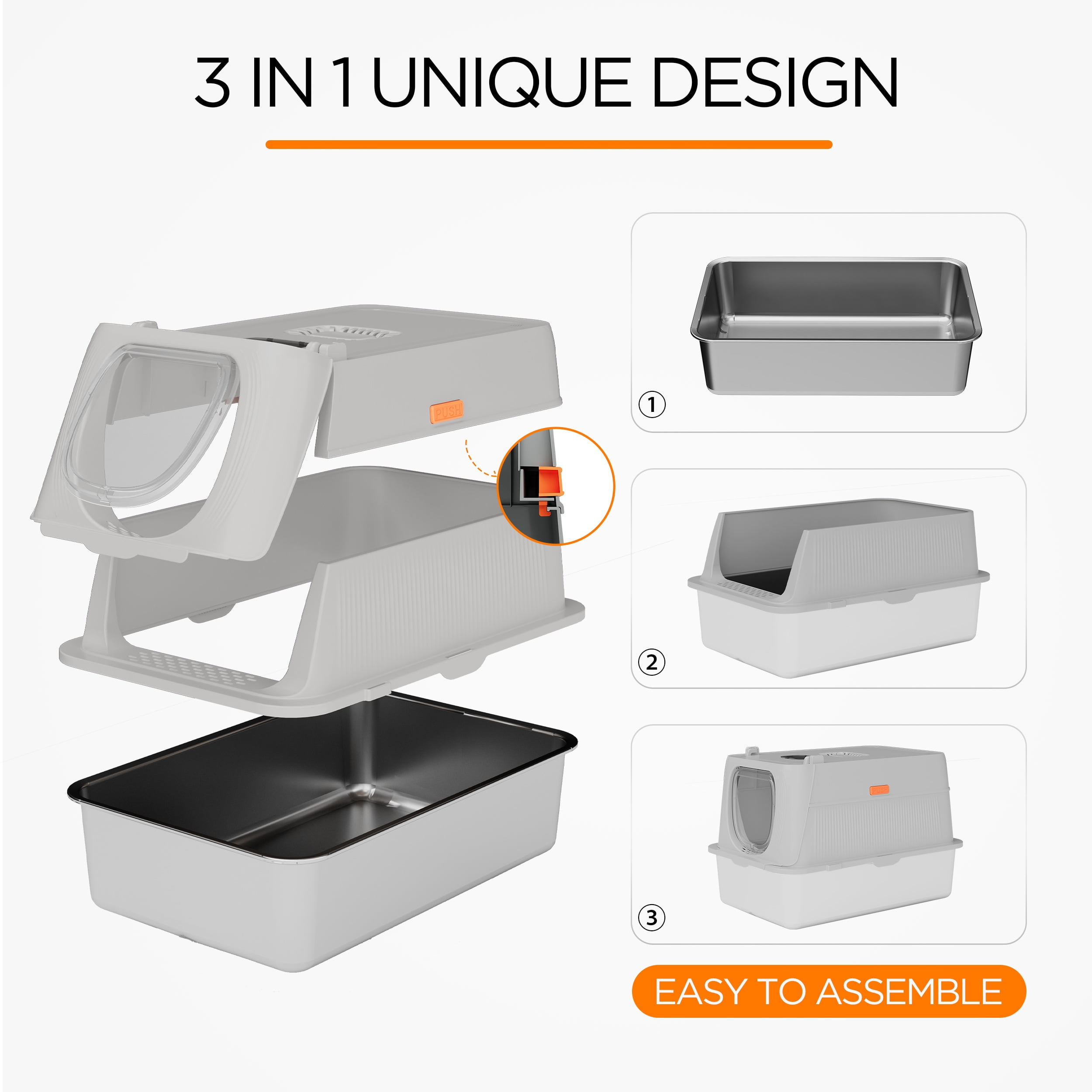 Kerhouze Stainless Steel Litter Box with Lid Enclosed Large Cat Litter Box with Poop Scooper Gray
