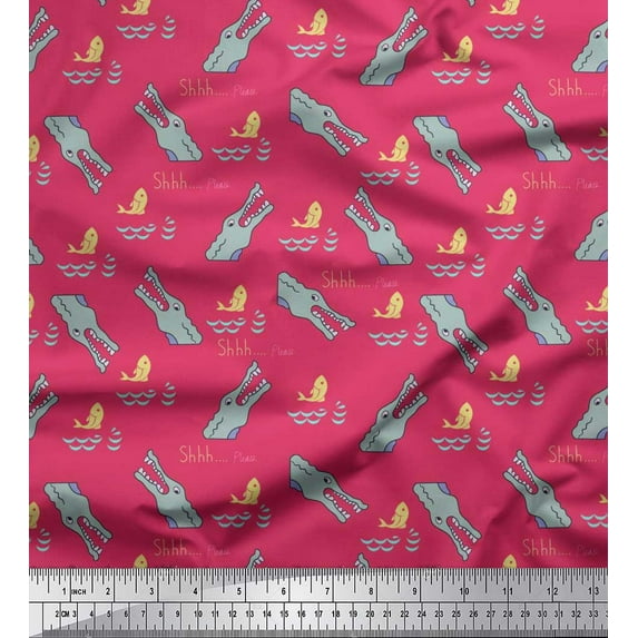 Soimoi Pink Japan Crepe Satin Fabric Crocodile Face & Fish Ocean Printed Craft Fabric by the Yard 42 Inch Wide