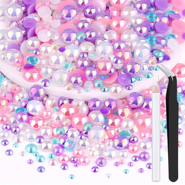80 g de perlas y diamantes de imitación con parte posterior plana para manualidades, diamantes de imitación de resina de 3 a 10 mm de tamaño mixto y medias perlas para decoración y decoración de uñas