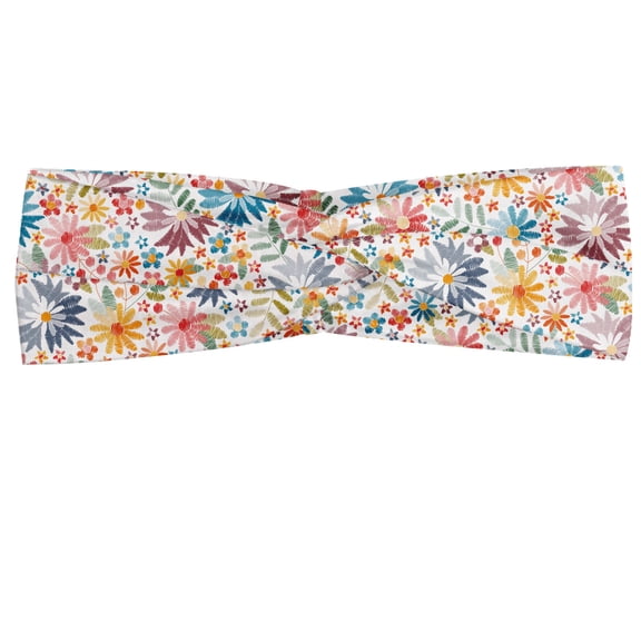 Floral Headband, Zigzag Lines Colorful Flower on Plain Background Folkloric Flora Art Themed Pattern, Elastic and Soft Women's Bandana for Sports and Everyday Use, Grey Red Coconut, by Ambesonne