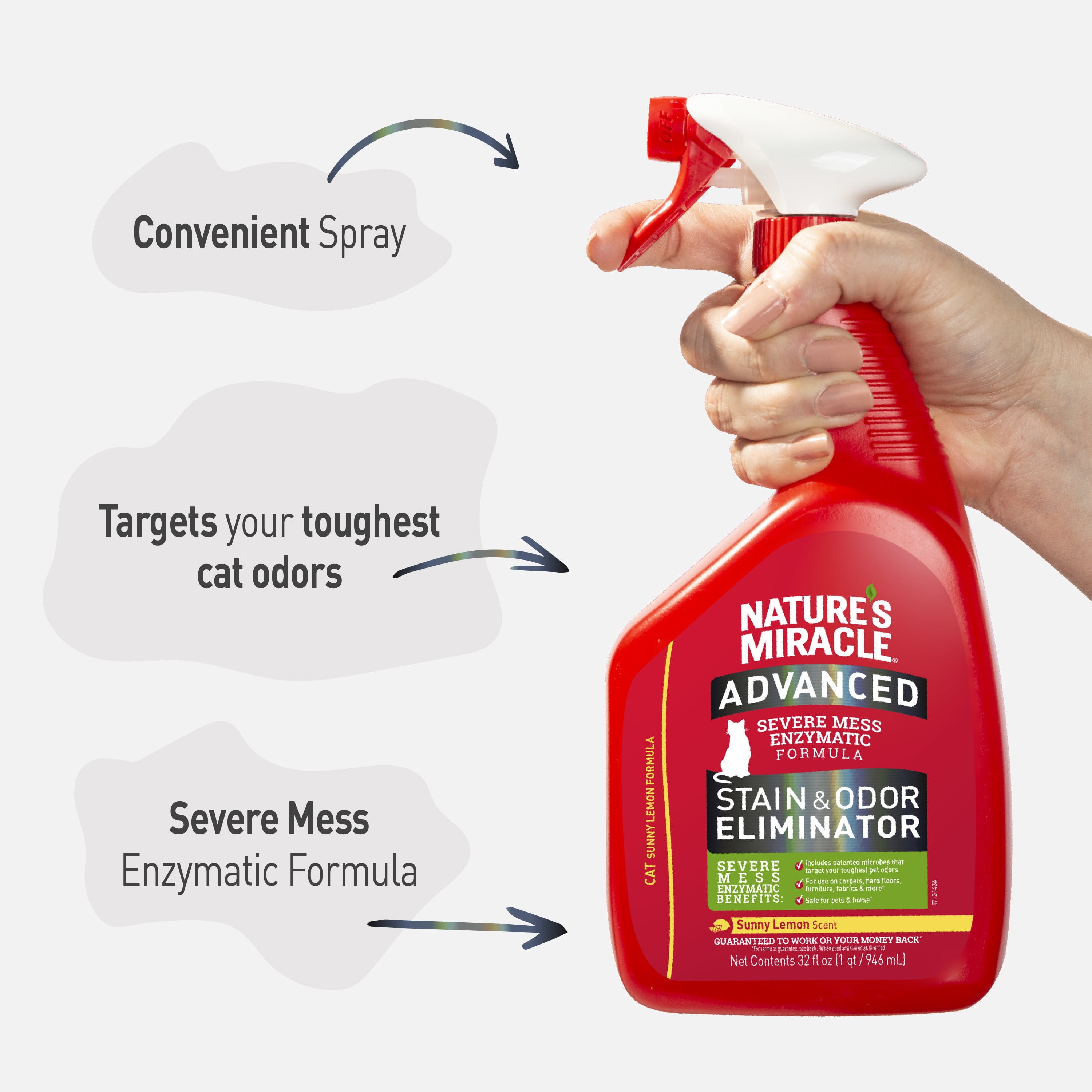 Nature’s Miracle Advanced Cat Stain & Odor Eliminator for Severe Cat Messes, Sunny Lemon, 32 oz