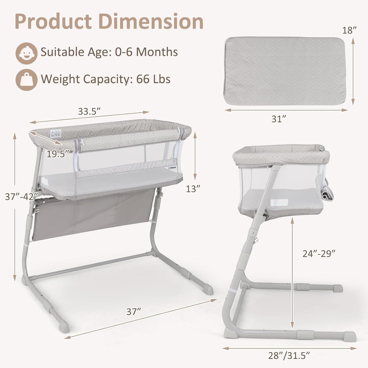INFANS Baby Bedside Bassinet, Over-Bed Baby Bassinet with Adjustable Height, Safe Close Sleeping, Storage, Lowering Wall for Easy Access, Newborn Girls Boys Aged 6-18 Months