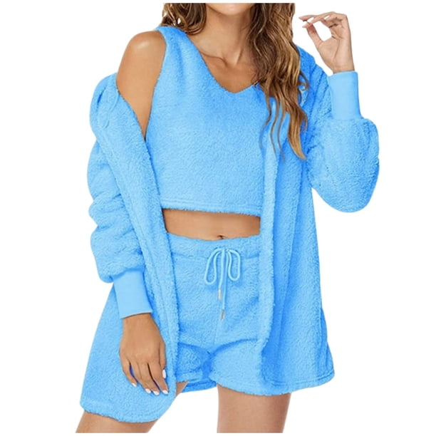 Conjunto de pijama de 3 piezas para mujer: abrigo con capucha de franela, chaleco y pantalones cortos, ropa de dormir suave y cálida, tallas S-XXXL, ropa de estar por casa para invierno