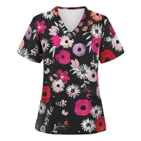 

RYRJJ Women Flower Printed Scrub Tops with Pockets Short Sleeve V-Neck T Shirts Nursing Working Uniform Tunic Blouse(Black M)