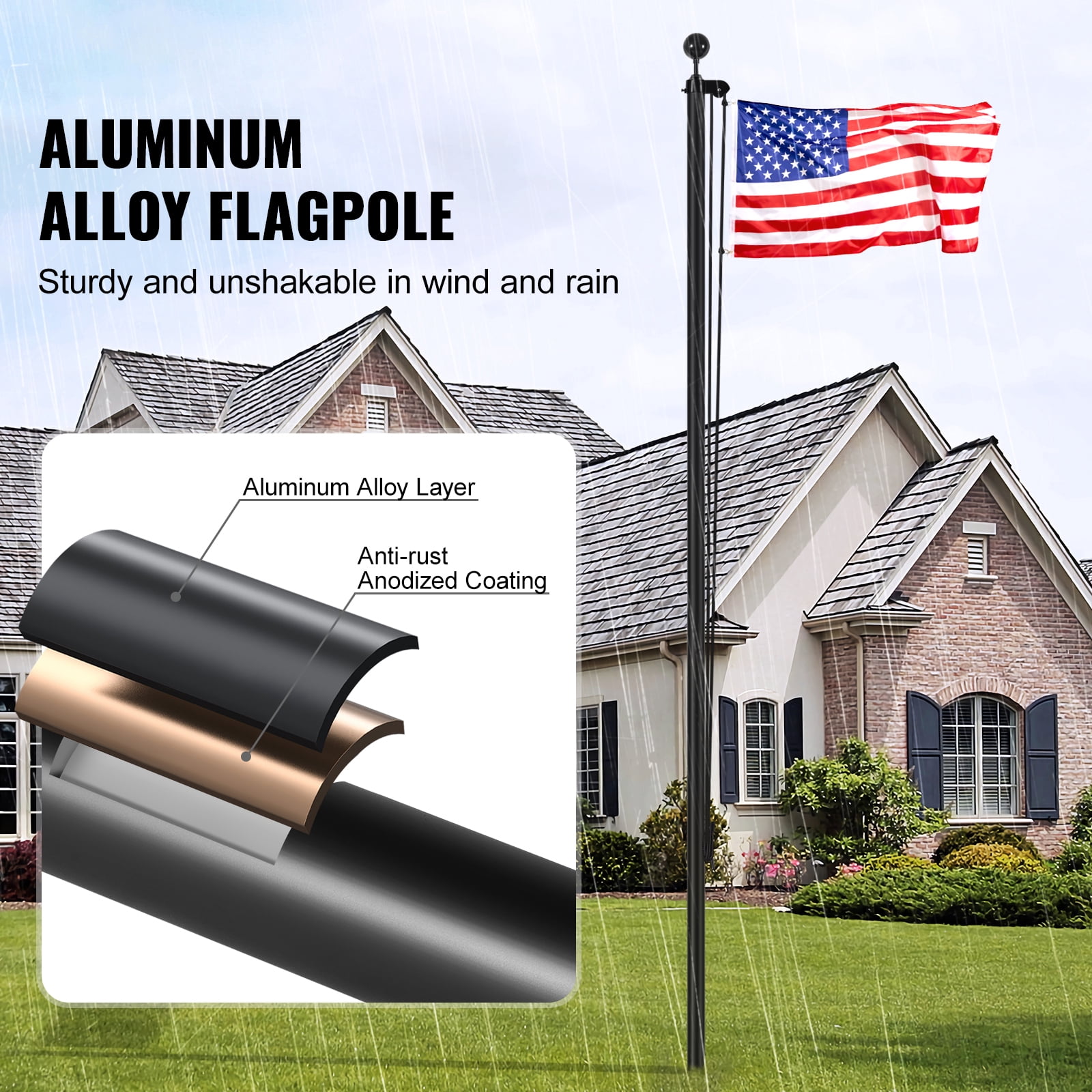 KFFKFF 20FT Modular Flagpole Set, Robust Aluminum Alloy Outdoor Flag Stands, 3 Presentation Styles with 3x5 American Flag, Expert Gear, Black