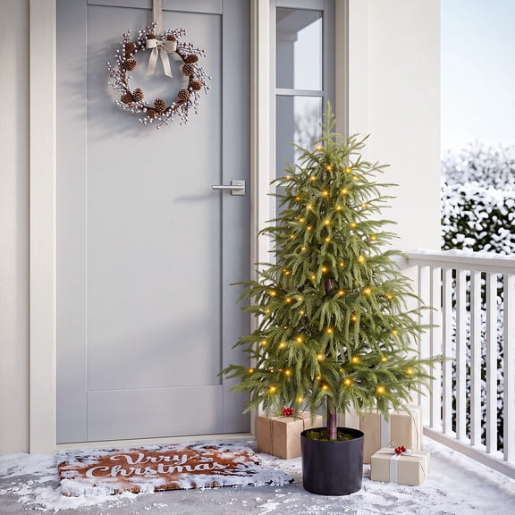 OasisCraft 4FT Pre-Lit Small Artificial Christmas Tree Warm White Lights Potted Base