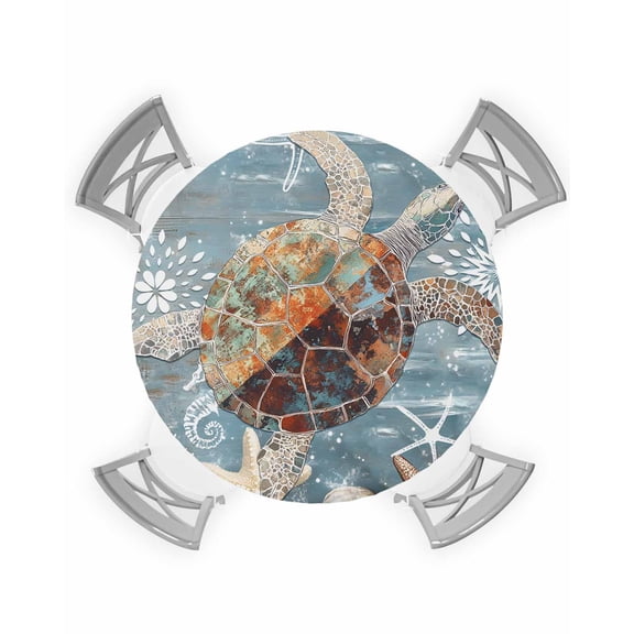 nqOlkjepod Blue Sea Turtle Coastal Round Tablecloth, Fitted Table Cover with Elastic for 45"-54" Round Tables, Summer Beach Nautical Starfish Coral Table Cloth Dinning Party Waterproof Tablecloths