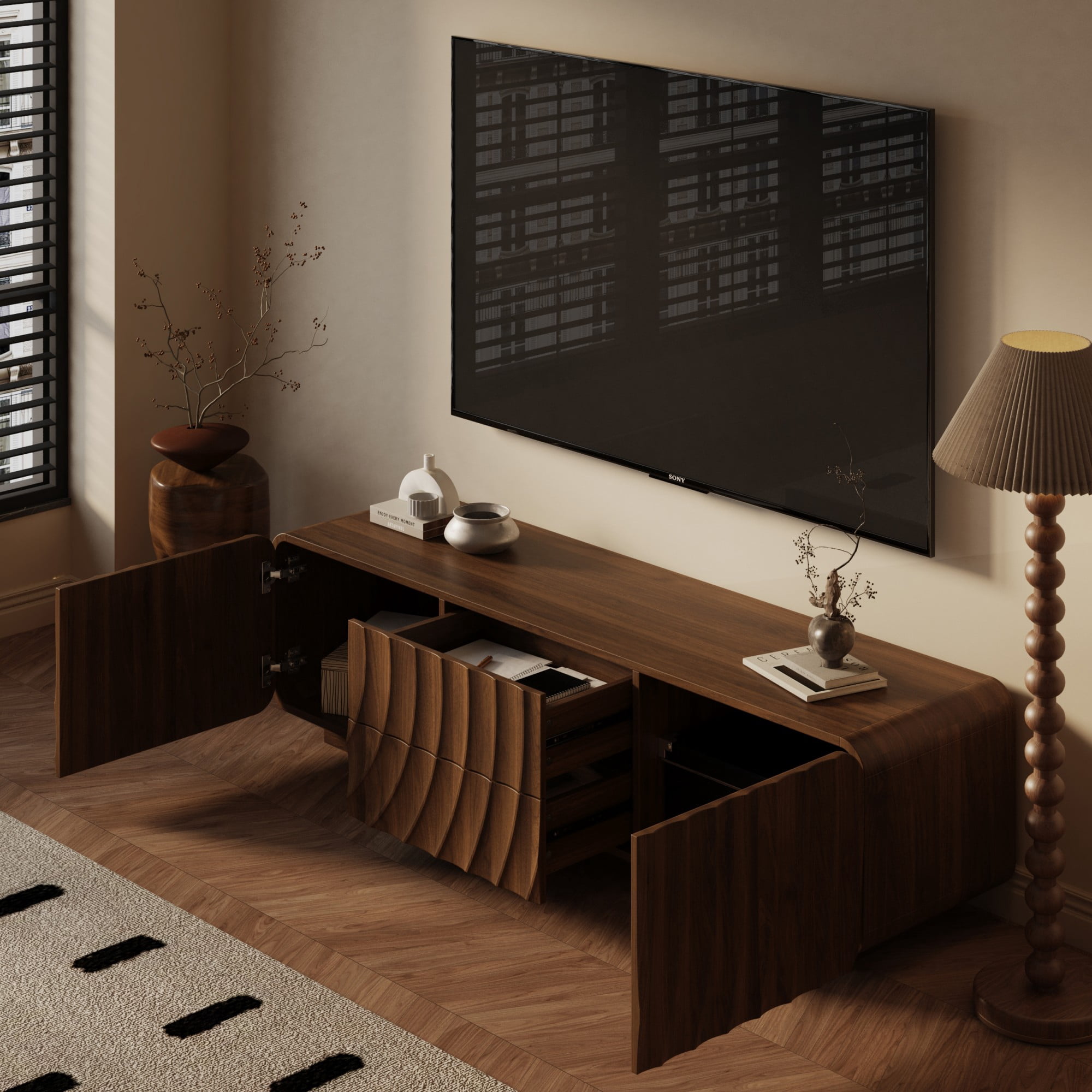 BSHTI 58.3" MDF TV Stand with 2 Drawers, Storage Cabinet, Spiral Wave Design, Entertainment Center for Living Room(Brown)