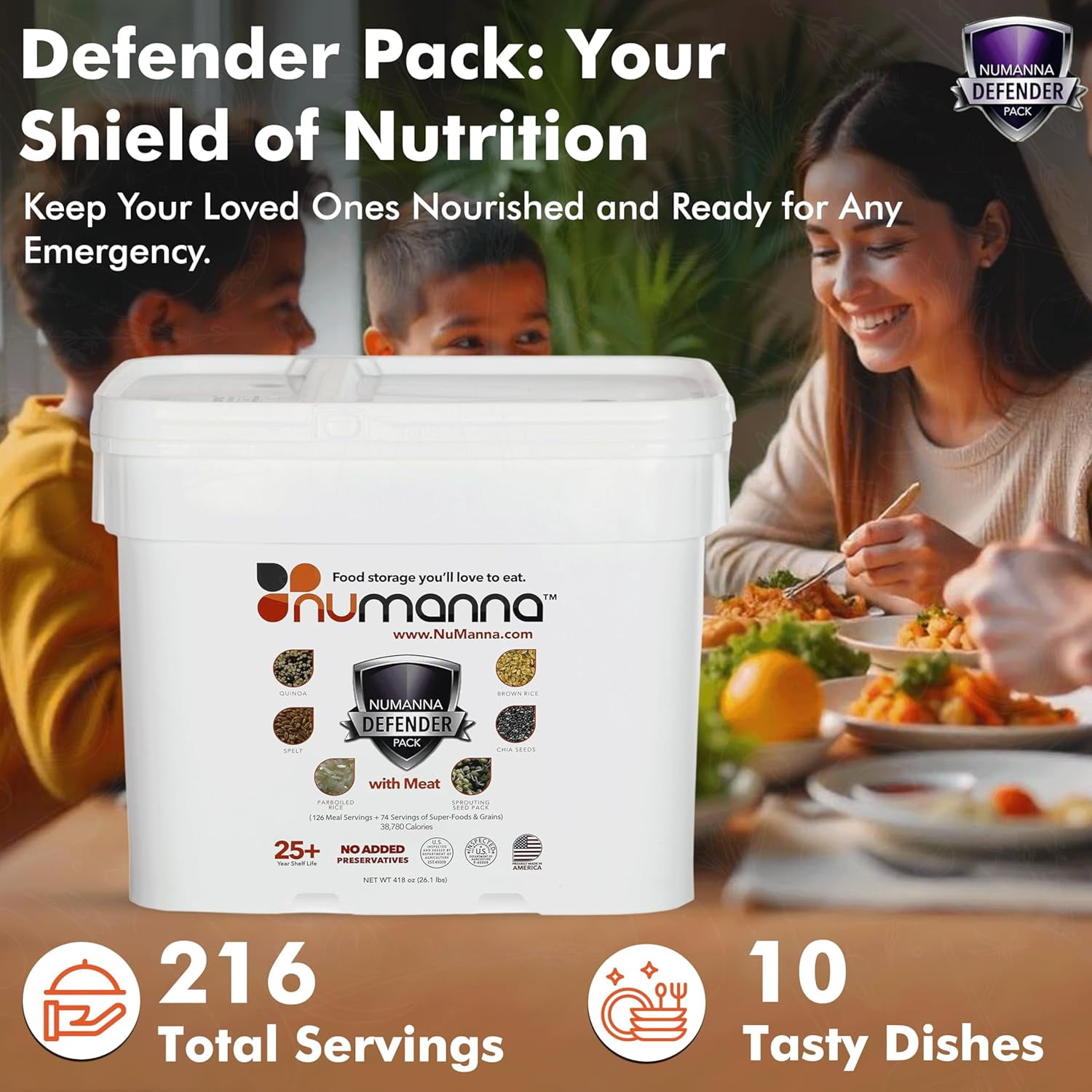 Numanna Defender Pack with Meat Bucket 648 Servings | 3-Month Emergency Food Supply with Protein | Easy-to-Prepare Survival Meals for Prepping, Camping & Daily Use | 25+ Year Shelf Life | Made in USA