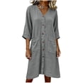 thumbnail image 5 of Yteetum Summer Dresses for Women Cotton Linen 3/4 Sleeve V Neck Button Dress Casual Solid Loose Breathable Qucikly Dry 3/4 Length Sleeve Tavel Vacation Midi Dresses, 5 of 7